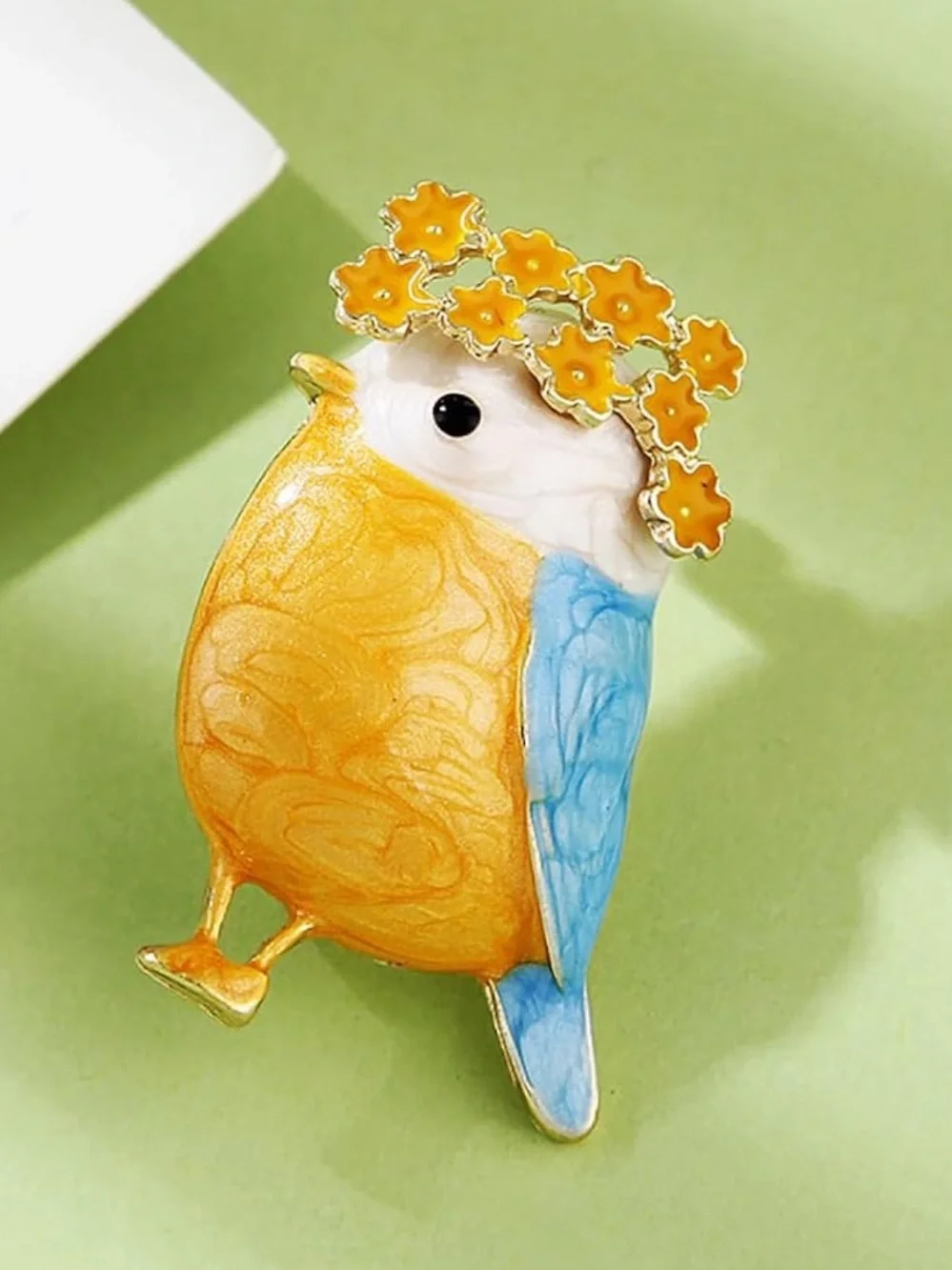 Yellow and Blue Enamel Bird Brooch with Floral Crown